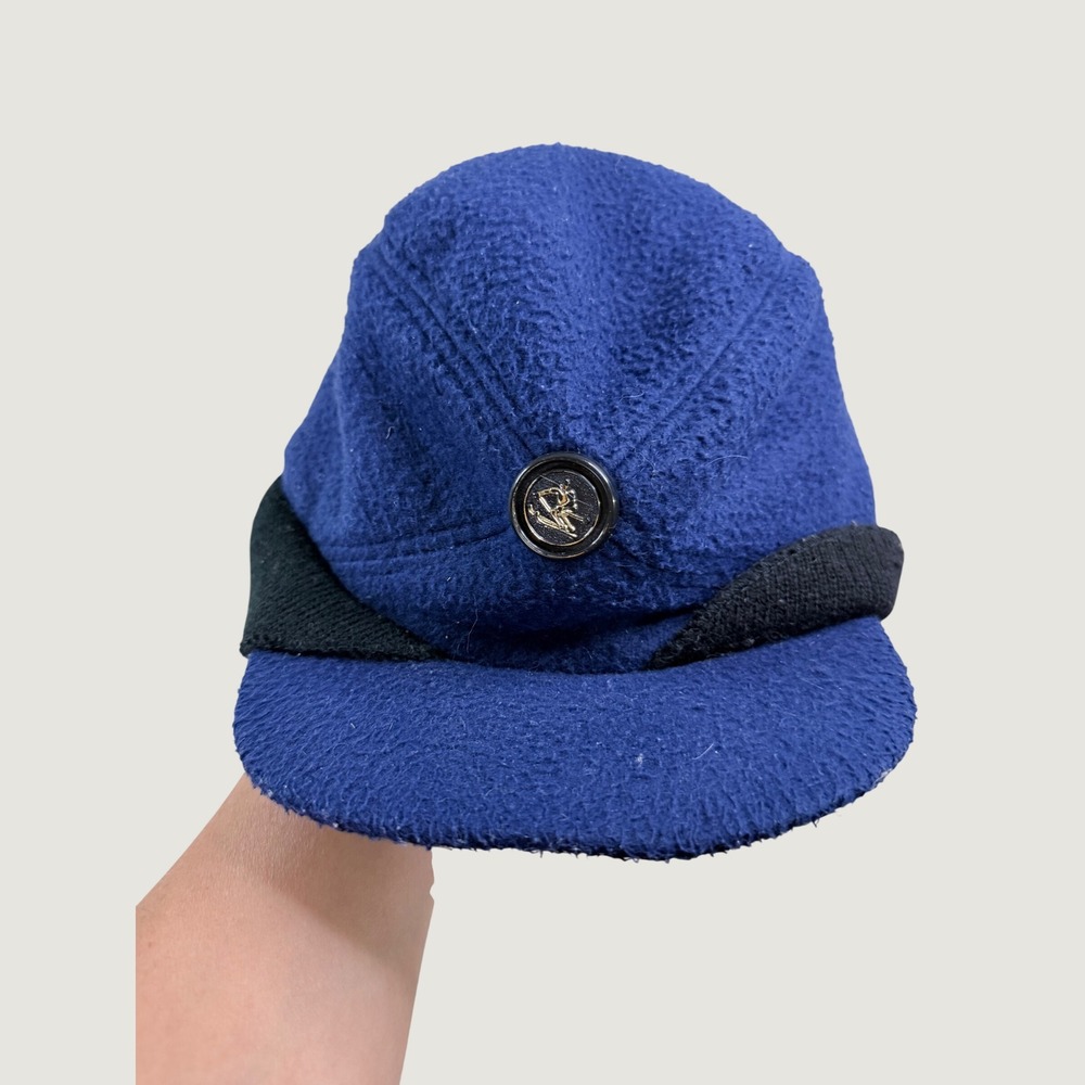 Paris Ski Cap Adult Large Blue Good Vintage Fleece Ear Flap Quilted Hat